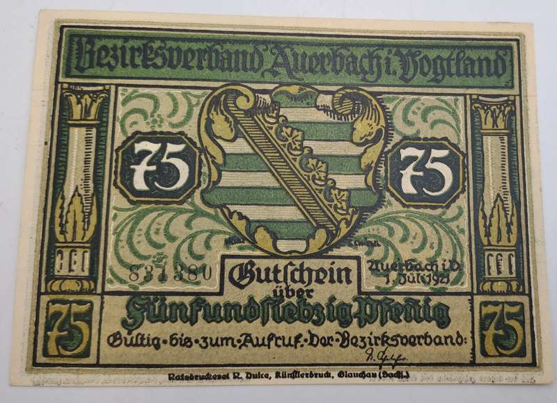 1921  75 phennigs Germany  German notgeld  Saxony, Federal state of  Auerbach im Vogtland note