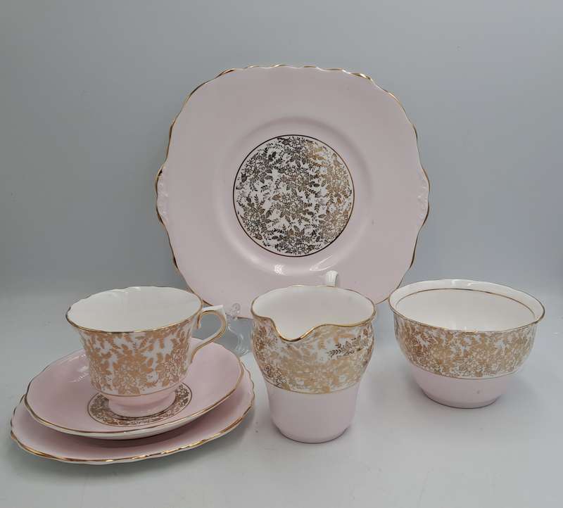6pc Vintage Royal Vale Tea Set (Pink and Gold ) 1 Cake Plate 1 Trio creamer and sugar bowl -