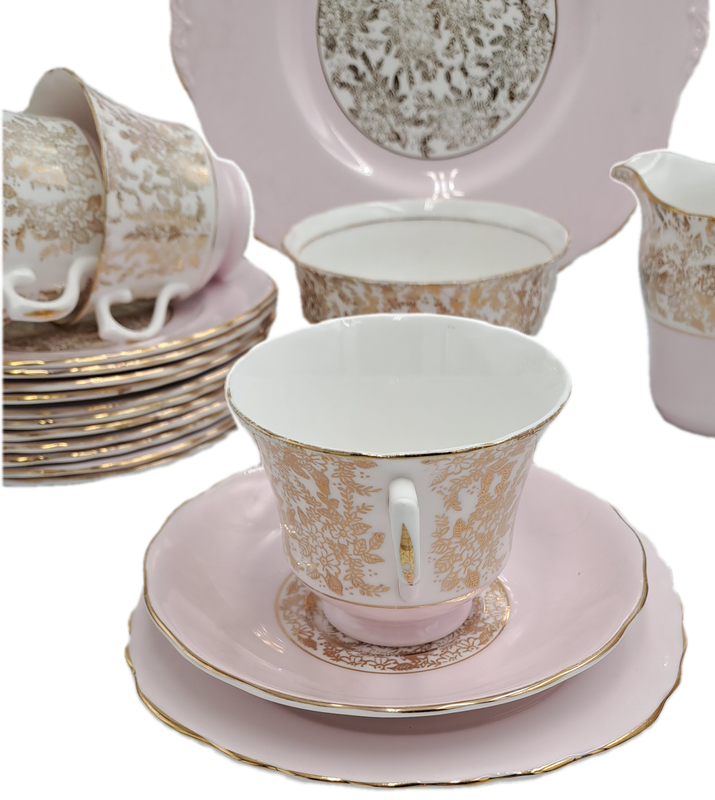 21pc Vintage Royal Vale Tea Set (Pink and Gold ) Made in England -