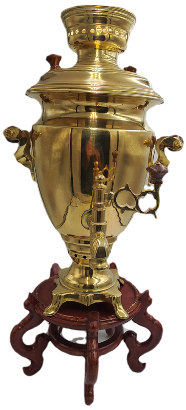 Large Russian Samovar 55cm Tall Brass with wooden Handles and Knobbs on Wooden Stand.