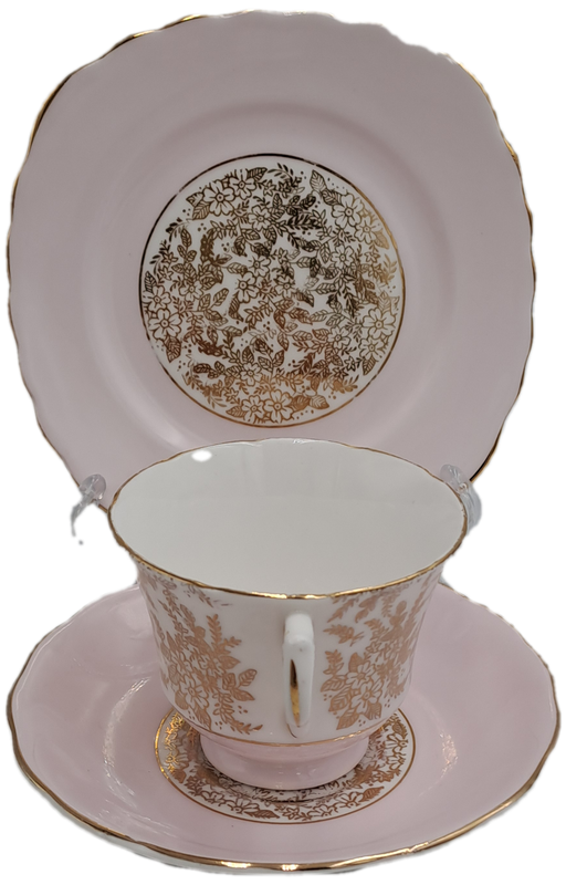 6pc Vintage Royal Vale Tea Set (Pink and Gold ) 1 Cake Plate 1 Trio creamer and sugar bowl -