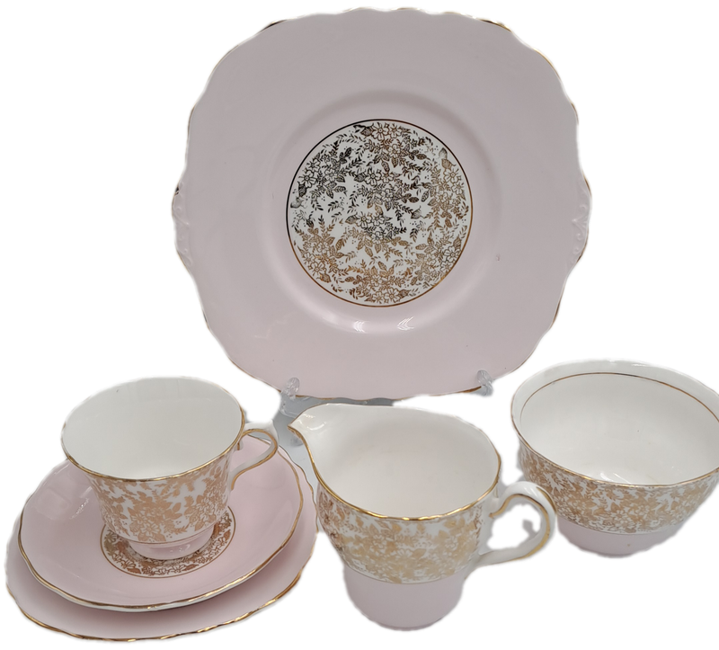6pc Vintage Royal Vale Tea Set (Pink and Gold ) 1 Cake Plate 1 Trio creamer and sugar bowl -
