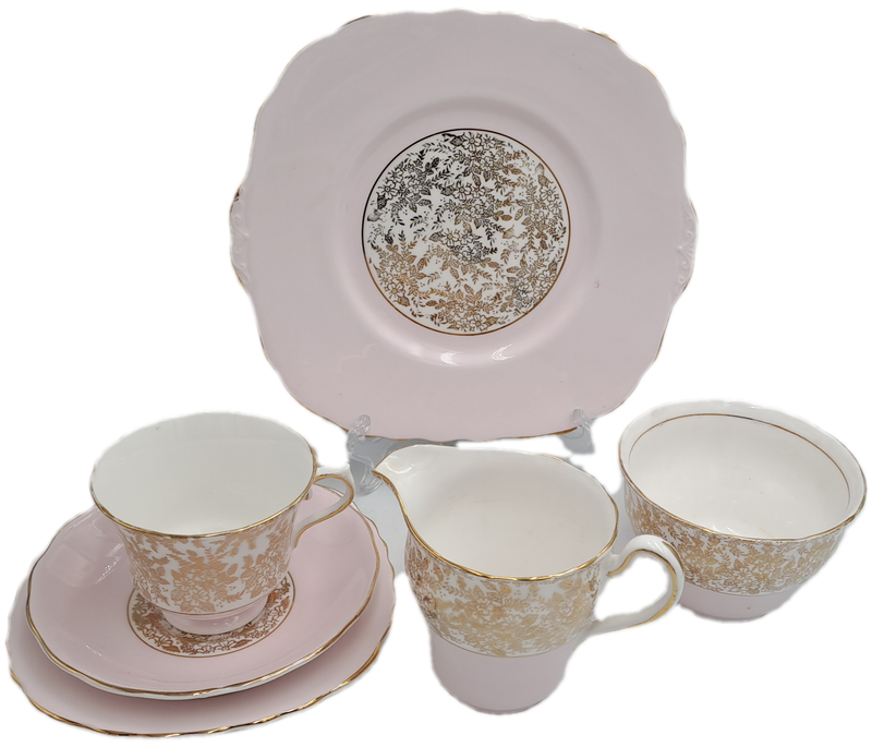 6pc Vintage Royal Vale Tea Set (Pink and Gold ) 1 Cake Plate 1 Trio creamer and sugar bowl -