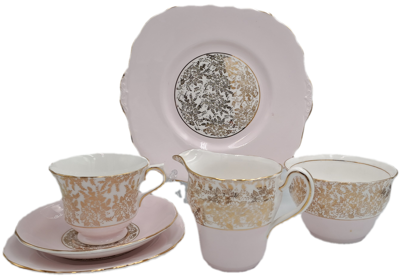 6pc Vintage Royal Vale Tea Set (Pink and Gold ) 1 Cake Plate 1 Trio creamer and sugar bowl -
