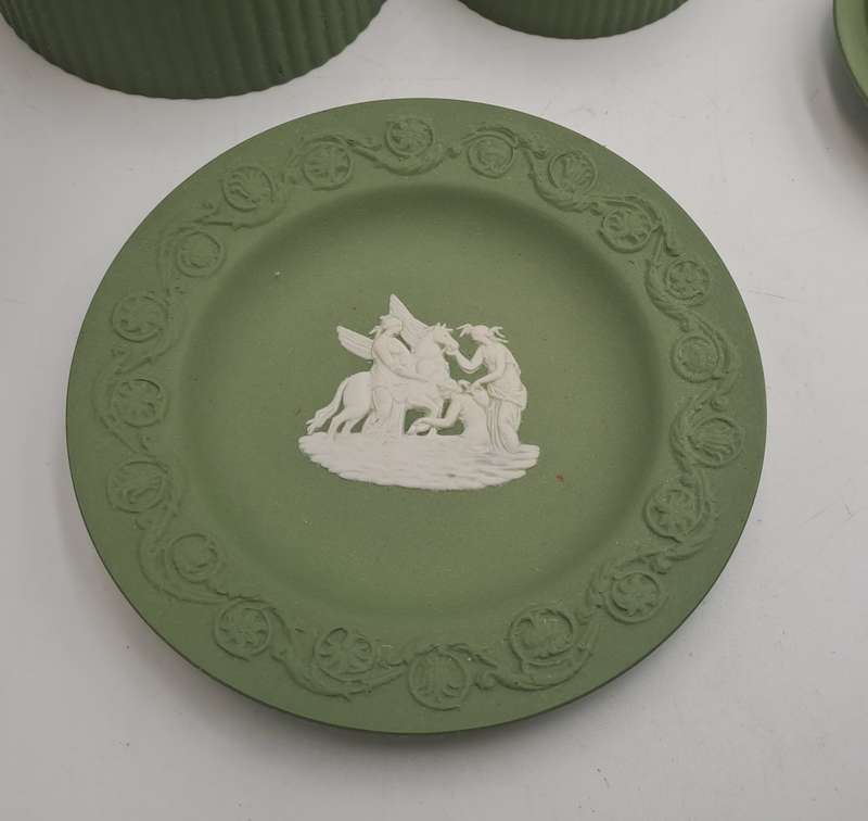 2 Vintage Wedgewood Green Trinket Boxes with Lids and small Plate -England