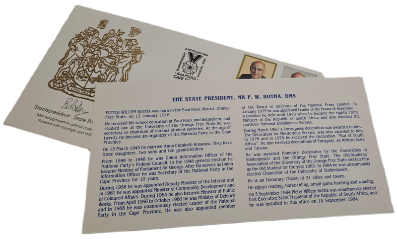 2 November 1984 FDC State President PW Botha Cape Town (3 Available)