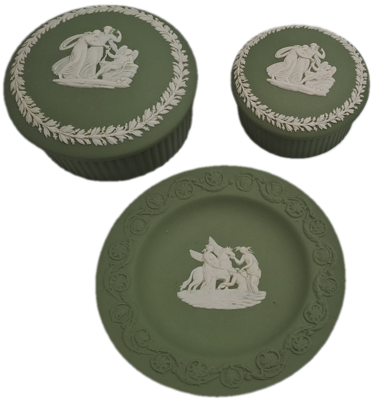 2 Vintage Wedgewood Green Trinket Boxes with Lids and small Plate -England