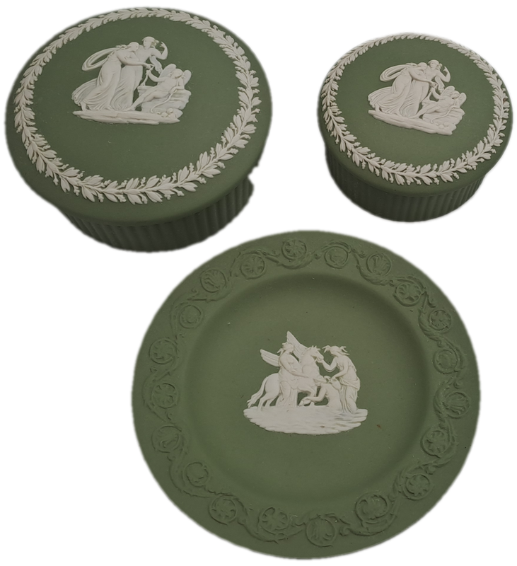 2 Vintage Wedgewood Green Trinket Boxes with Lids and small Plate -England