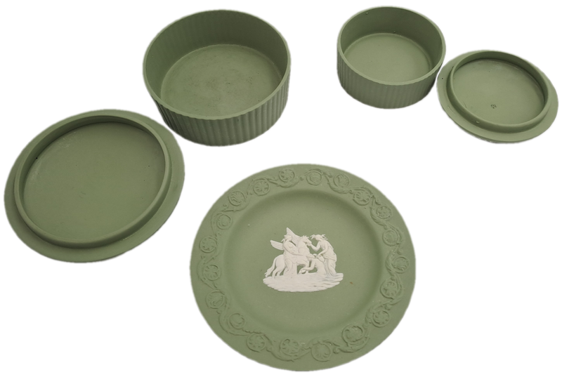 2 Vintage Wedgewood Green Trinket Boxes with Lids and small Plate -England