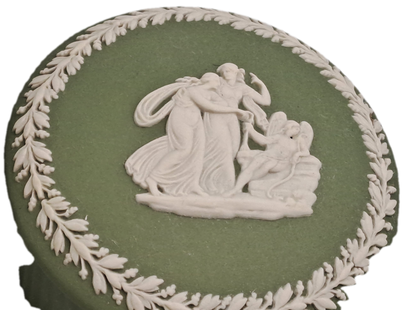 2 Vintage Wedgewood Green Trinket Boxes with Lids and small Plate -England