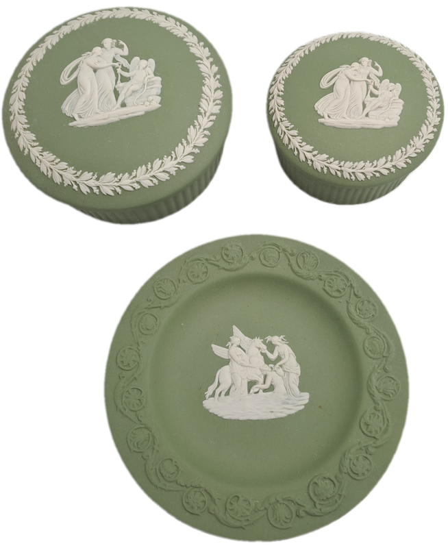 2 Vintage Wedgewood Green Trinket Boxes with Lids and small Plate -England