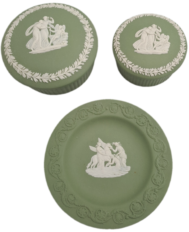 2 Vintage Wedgewood Green Trinket Boxes with Lids and small Plate -England
