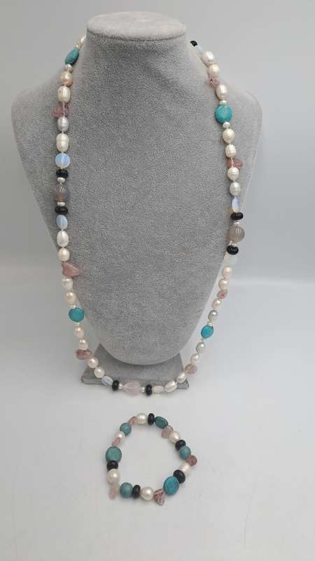 Vintage Genuine baroque Pearl,turquoise,lepidolite Natural stone Necklace with matching bracelet
