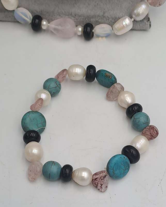 Vintage Genuine baroque Pearl,turquoise,lepidolite Natural stone Necklace with matching bracelet