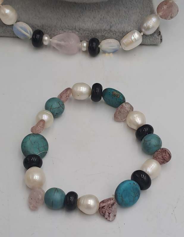 Vintage Genuine baroque Pearl,turquoise,lepidolite Natural stone Necklace with matching bracelet