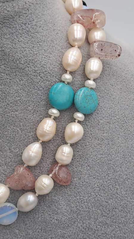 Vintage Genuine baroque Pearl,turquoise,lepidolite Natural stone Necklace with matching bracelet