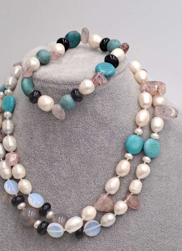 Vintage Genuine baroque Pearl,turquoise,lepidolite Natural stone Necklace with matching bracelet