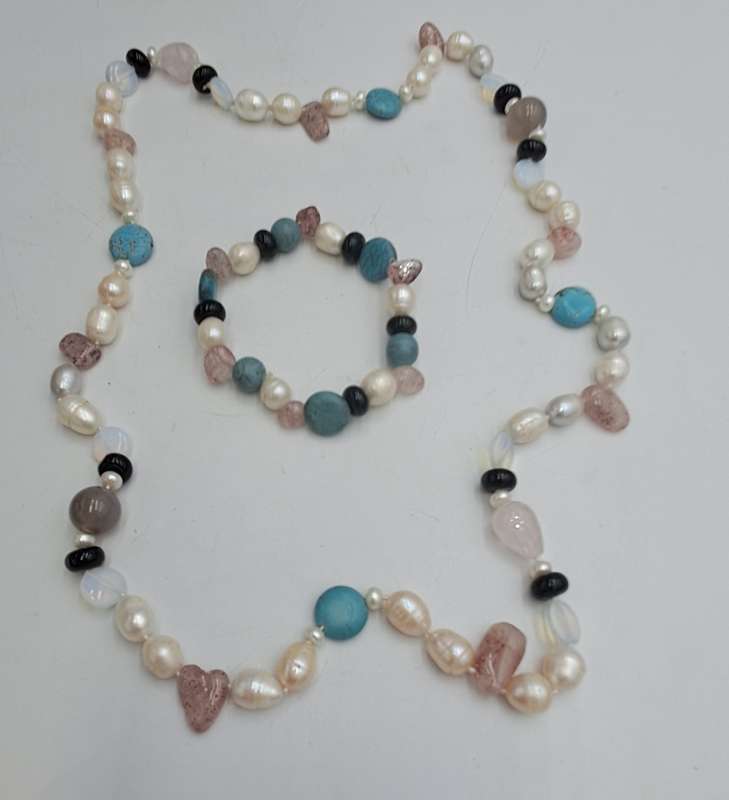 Vintage Genuine baroque Pearl,turquoise,lepidolite Natural stone Necklace with matching bracelet