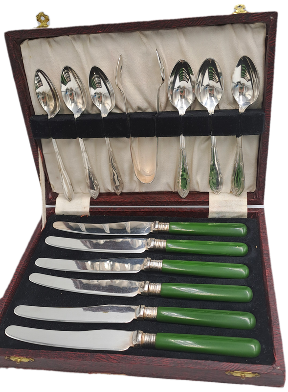 13pc Antique /Vintage EPNS Knife and spoon set with tongs-Green Bakelite Handle's -Boxed