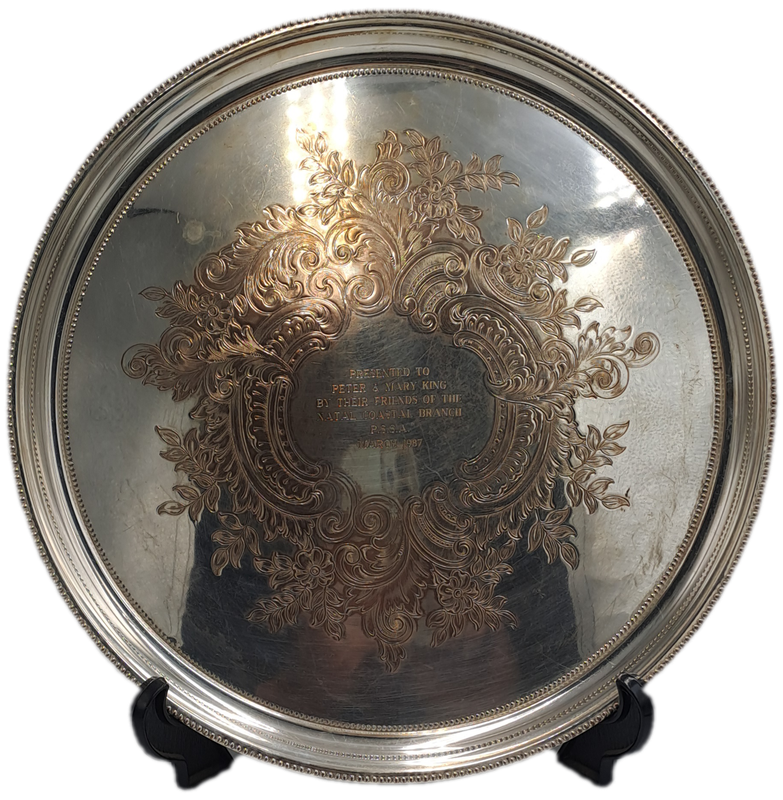 Vintage Silver Plated Tray 37cm in Diameter -Engraved - Presented by Natal Coastal P.S.S.A Branch...