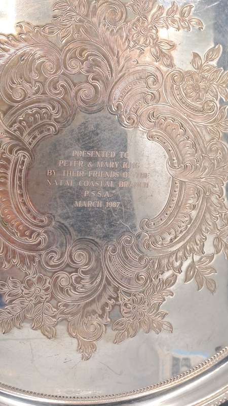 Vintage Silver Plated Tray 37cm in Diameter -Engraved - Presented by Natal Coastal P.S.S.A Branch...