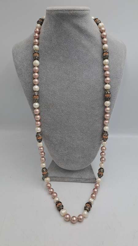 Antique /Vintage Necklace 105cm with Genuine Pearls and Metal and Glass Links.