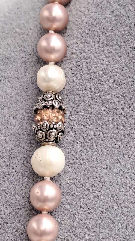 Antique /Vintage Necklace 105cm with Genuine Pearls and Metal and Glass Links.