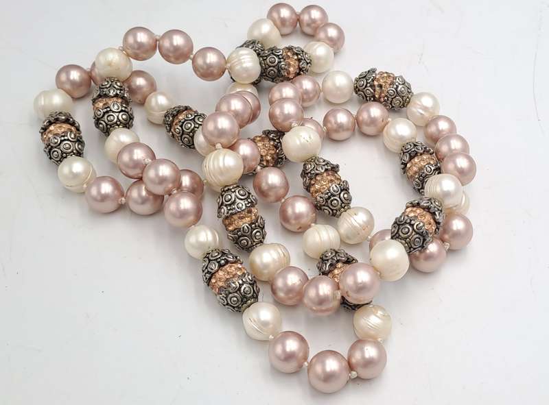 Antique /Vintage Necklace 105cm with Genuine Pearls and Metal and Glass Links.