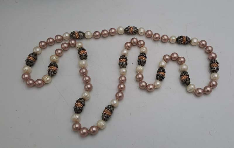 Antique /Vintage Necklace 105cm with Genuine Pearls and Metal and Glass Links.