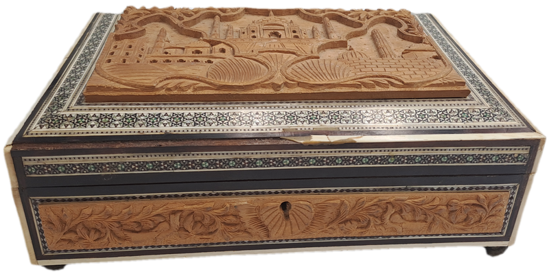 Antique /Vintage Antique Taj Mahal Carved Wood And Inlay Hinged trinket Box