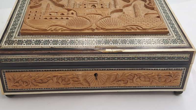 Antique /Vintage Antique Taj Mahal Carved Wood And Inlay Hinged trinket Box