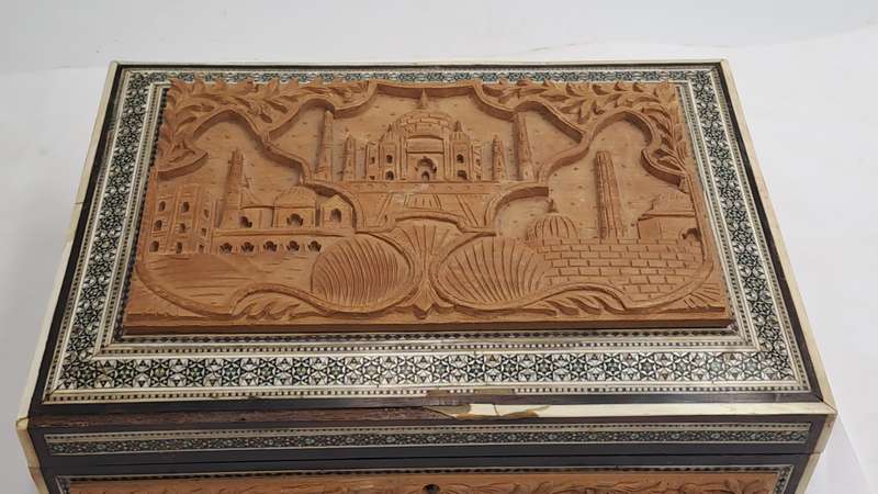 Antique /Vintage Antique Taj Mahal Carved Wood And Inlay Hinged trinket Box
