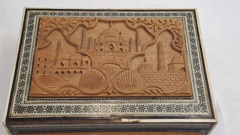 Antique /Vintage Antique Taj Mahal Carved Wood And Inlay Hinged trinket Box