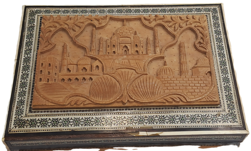 Antique /Vintage Antique Taj Mahal Carved Wood And Inlay Hinged trinket Box