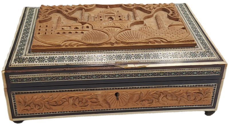 Antique /Vintage Antique Taj Mahal Carved Wood And Inlay Hinged trinket Box