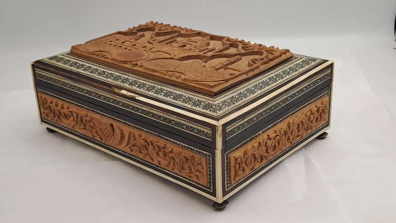 Antique /Vintage Antique Taj Mahal Carved Wood And Inlay Hinged trinket Box