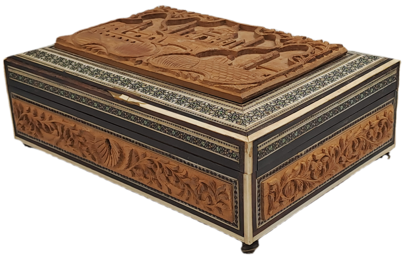 Antique /Vintage Antique Taj Mahal Carved Wood And Inlay Hinged trinket Box