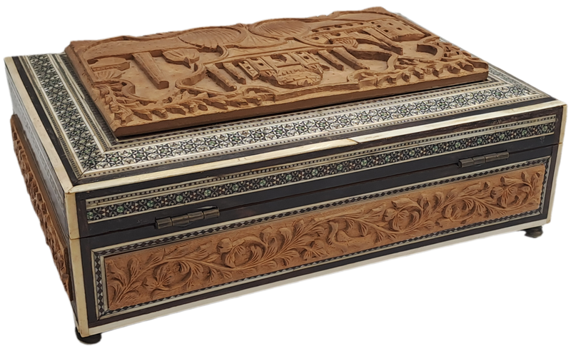 Antique /Vintage Antique Taj Mahal Carved Wood And Inlay Hinged trinket Box