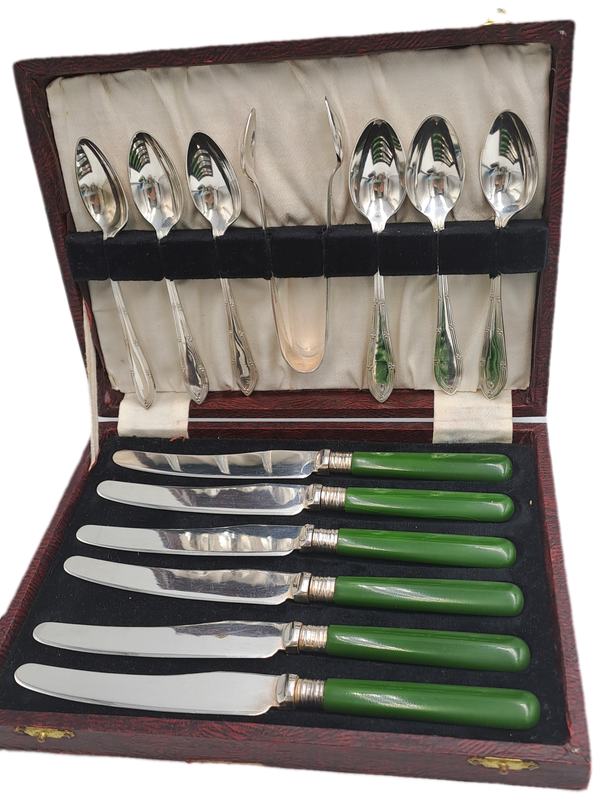 13pc Antique /Vintage EPNS Knife and spoon set with tongs-Green Bakelite Handle's -Boxed