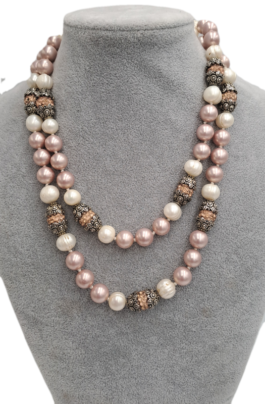 Antique /Vintage Necklace 105cm with Genuine Pearls and Metal and Glass Links.