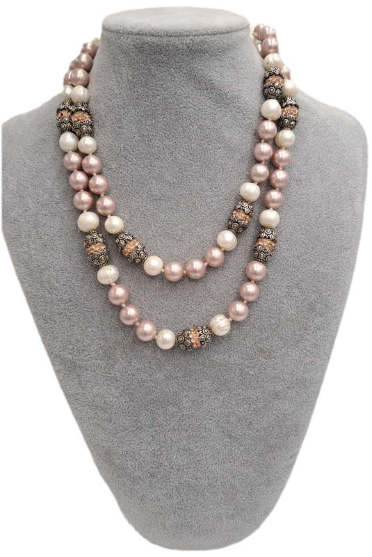 Antique /Vintage Necklace 105cm with Genuine Pearls and Metal and Glass Links.