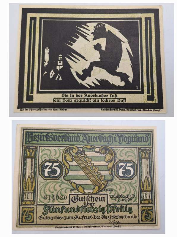 1921  75 phennigs Germany  German notgeld  Saxony, Federal state of  Auerbach im Vogtland note