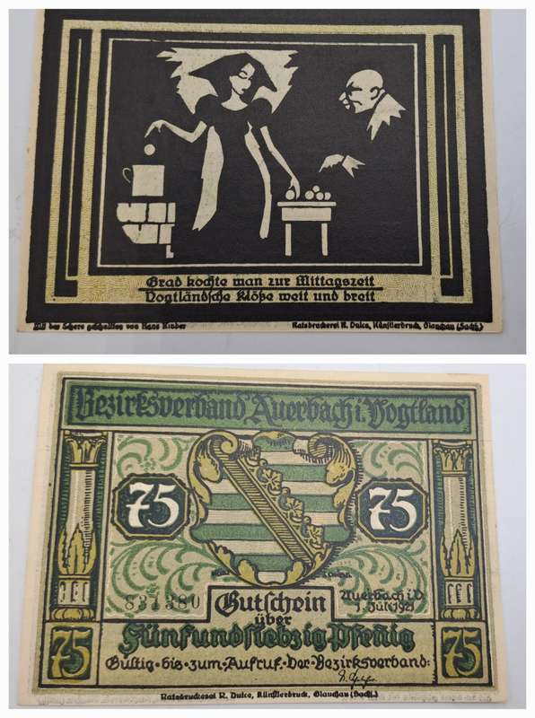 1921  75 phennigs Germany  German notgeld  Saxony, Federal state of  Auerbach im Vogtland note