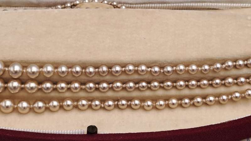 Vintage Genuine 3 Strand Lotus Pearl Necklace In Original Box with Silver Clasp