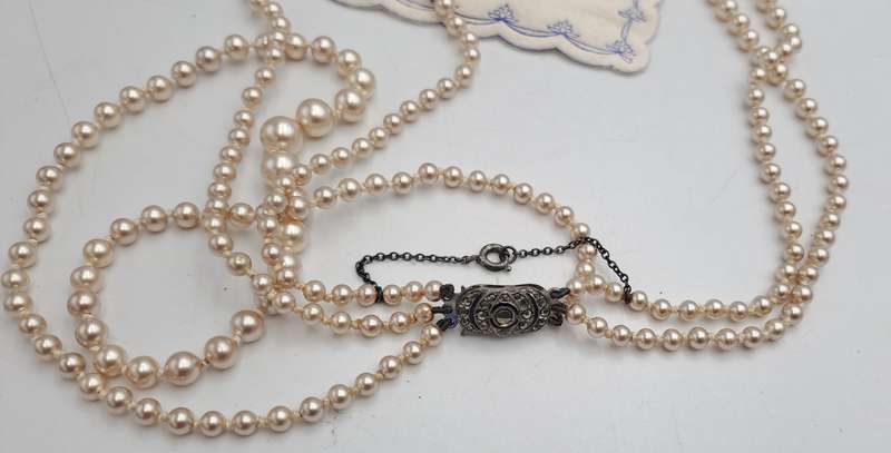 Vintage Genuine 3 Strand Lotus Pearl Necklace In Original Box with Silver Clasp