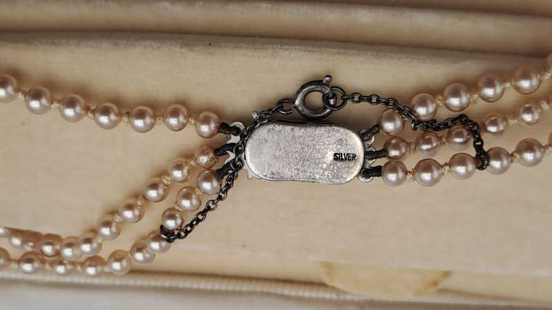 Vintage Genuine 3 Strand Lotus Pearl Necklace In Original Box with Silver Clasp