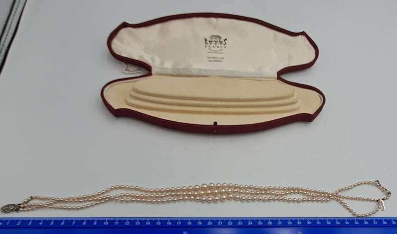 Vintage Genuine 3 Strand Lotus Pearl Necklace In Original Box with Silver Clasp