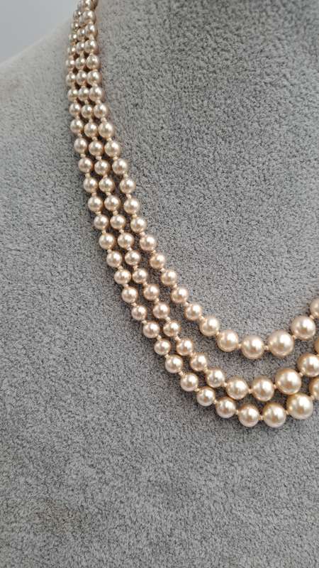 Vintage Genuine 3 Strand Lotus Pearl Necklace In Original Box with Silver Clasp