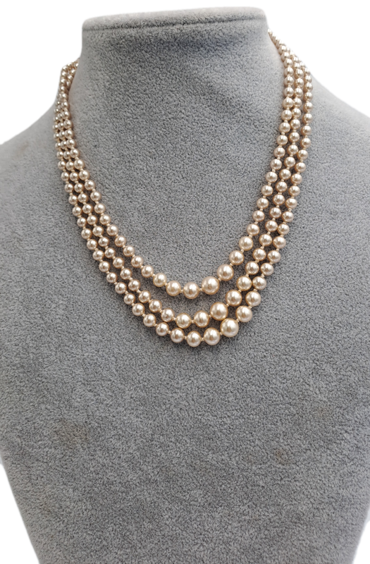Vintage Genuine 3 Strand Lotus Pearl Necklace In Original Box with Silver Clasp