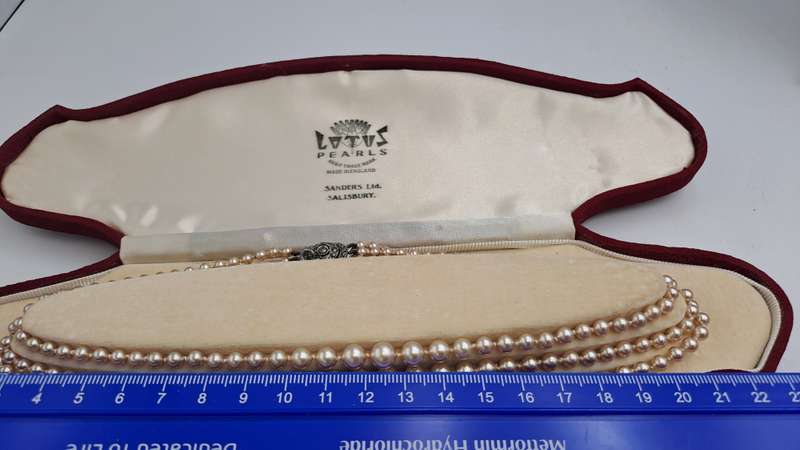 Vintage Genuine 3 Strand Lotus Pearl Necklace In Original Box with Silver Clasp